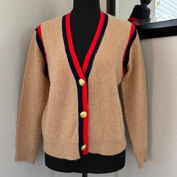 J Crew Cashmere Waffle Knit Cardigan Sweater Camel Tan Striped XS - Picture 4 of 14